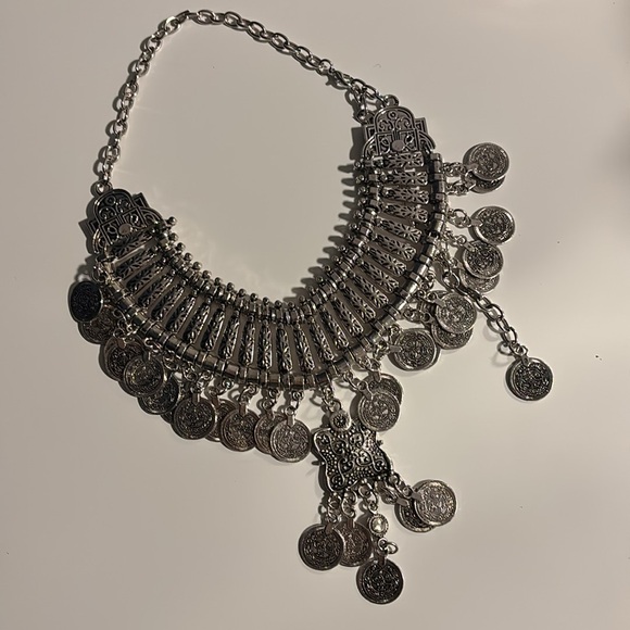 Boho Chic Silver Coin Statement Necklace - Picture 2 of 5